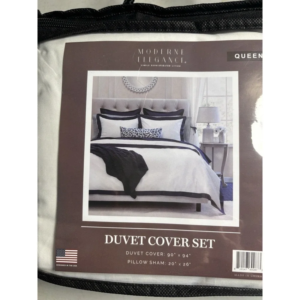 Moderne Elegance Duvet Cover Set Queen Duvet Cover & Pillow Sham‎ Navy & Wht NEW